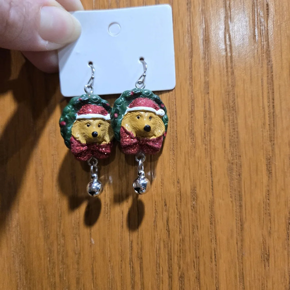 Dog Wreath Santa Hat Christmas Dangle Earrings - Pierced Ears - Golden Retriever - Picture 3 of 4